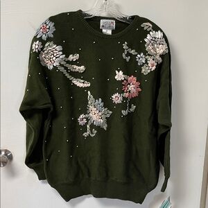 Elegant Floral Ribon Embroidered Sweater - Dark Green